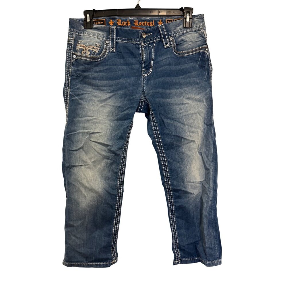 Rock Revival Capri Jeans Womens Size 30 Cyndee Mid-Rise Blue Distressed Denim - Picture 2 of 9